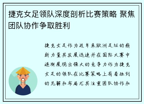 捷克女足领队深度剖析比赛策略 聚焦团队协作争取胜利